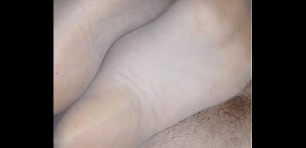  homemade footjob with nude pantyhose under leggings and cumshot